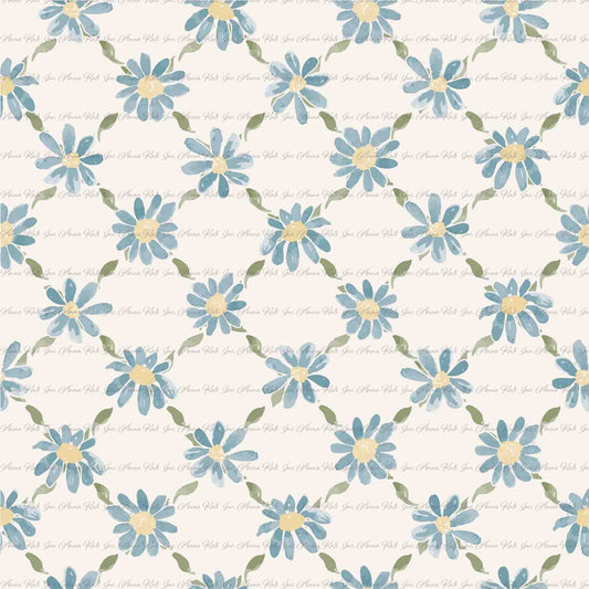 Garden's Joy: Grid Floral in Blue | Sparrow Swiss Dot Knit Fabric